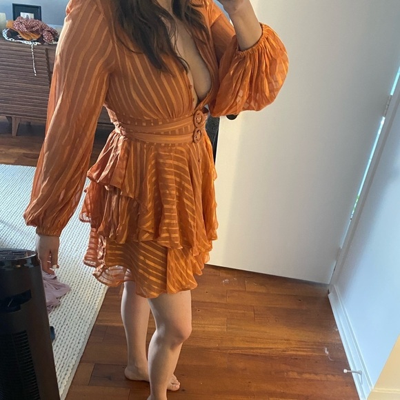 Layered orange satin minidress plunge button front tiered skirt belted waist - Picture 5 of 9